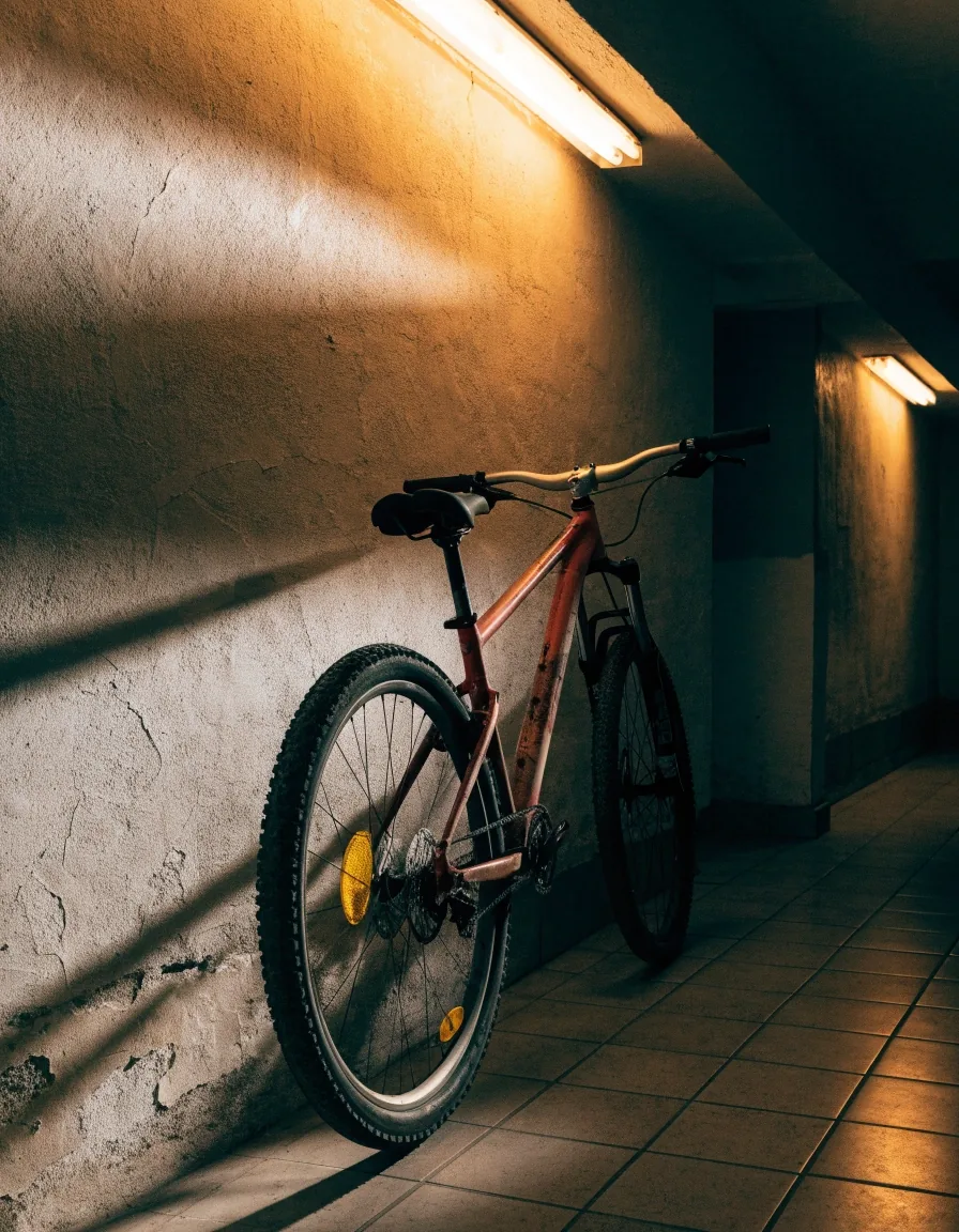 Bicicleta de montaña usada con suspensión delantera apoyada contra una pared de yeso