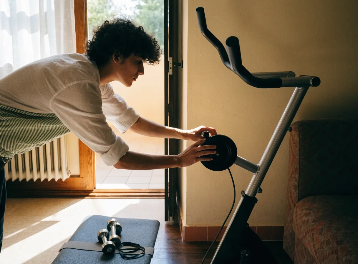 Bicicleta de spinning usada junto a la pared de un salón, con la luz de una lámpara encendida