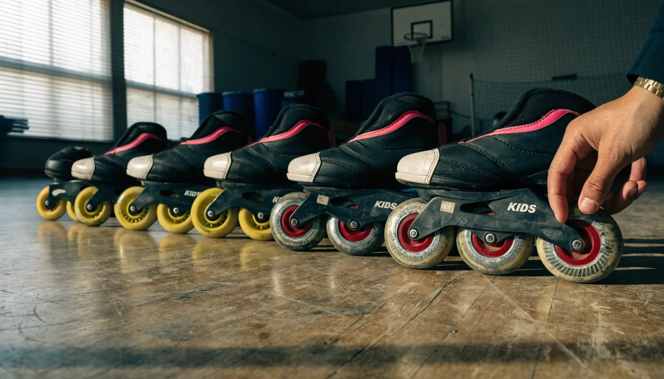 Fila de patines en línea usados alineados sobre el suelo de un pabellón deportivo
