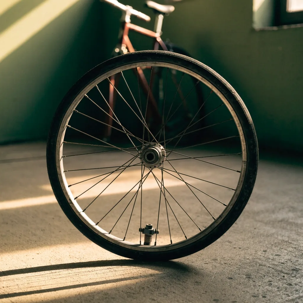 Rueda de bicicleta usada apoyada de pie en el suelo, con la luz incidiendo sobre los radios