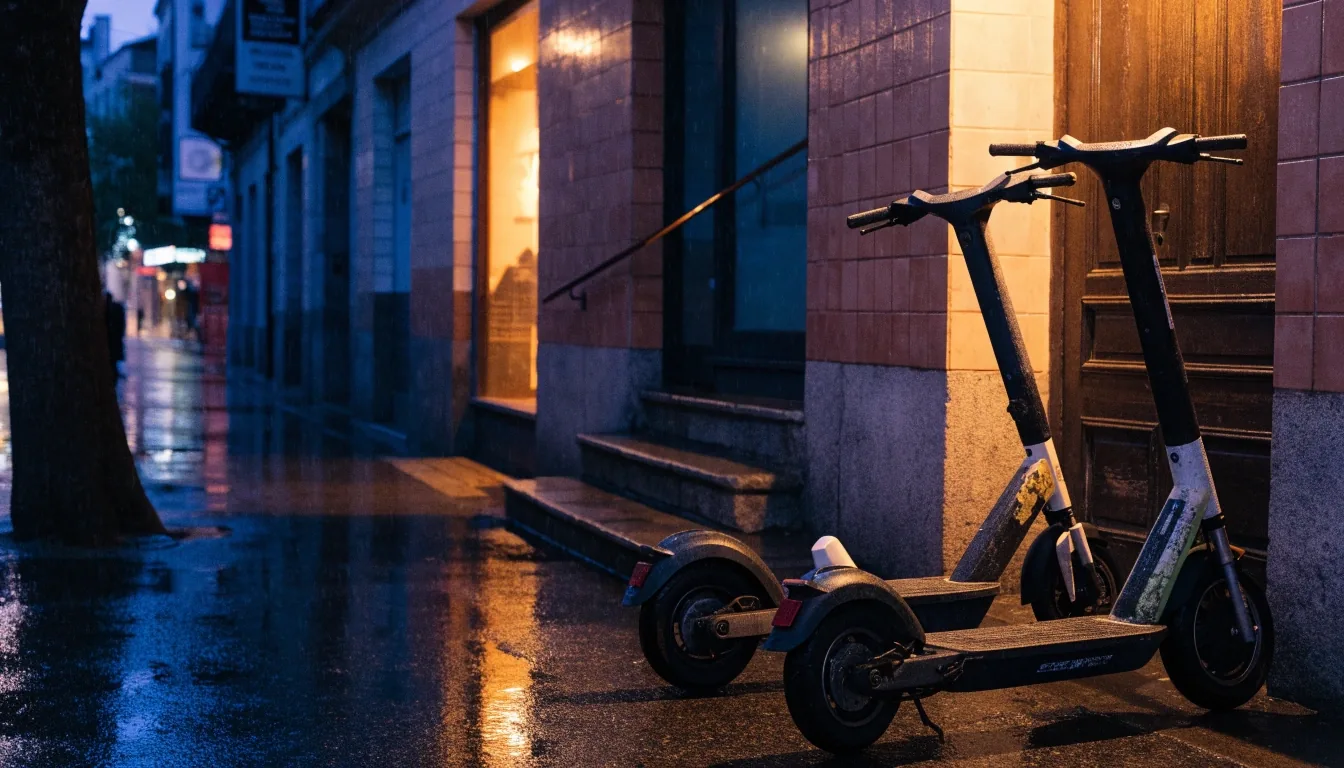 Calle de Madrid de noche con patinetes aparcados junto a un portal con escalones de baldosa