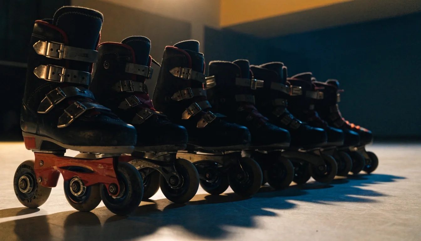 Patines en línea usados alineados en el suelo de un pabellón deportivo