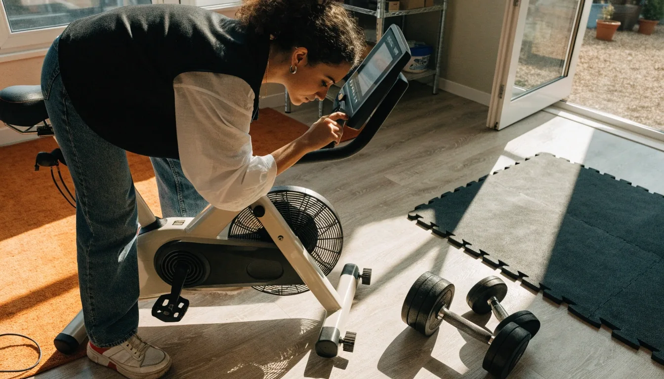Bicicleta estática y mancuernas usadas en una sala de casa