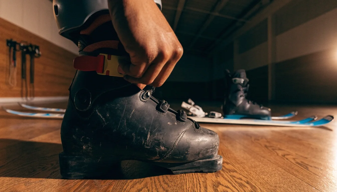 Botas de esquí y casco usados sobre el suelo de un pabellón, iluminados por luz cálida