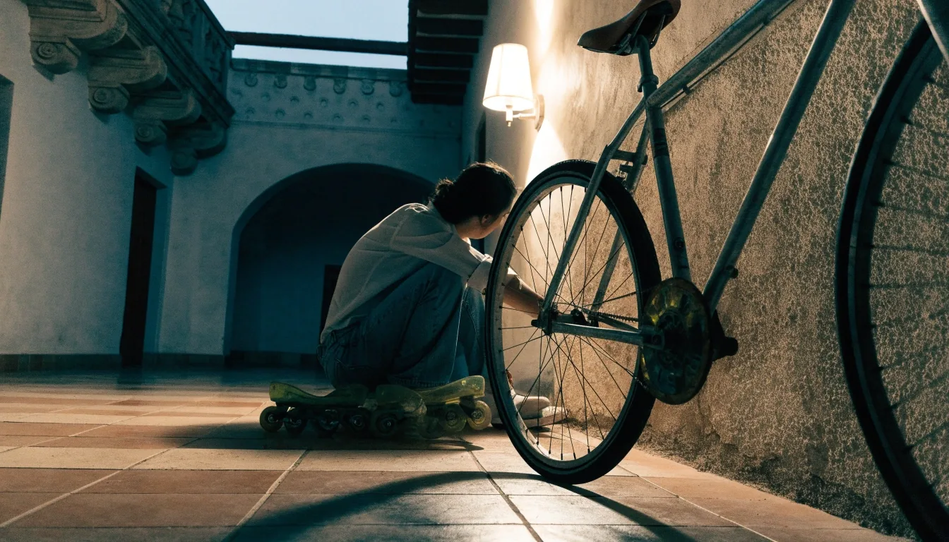 Cuadro de bicicleta usado y patines en línea apoyados en una pared de azulejos al anochecer