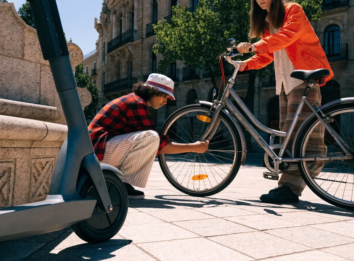 Dos personas revisando una bicicleta usada en una plaza concurrida