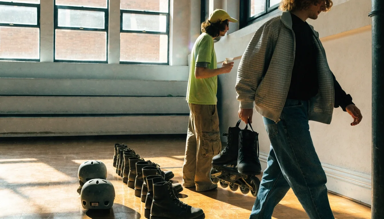 Fila de patines en línea usados alineados sobre el suelo de un pabellón deportivo