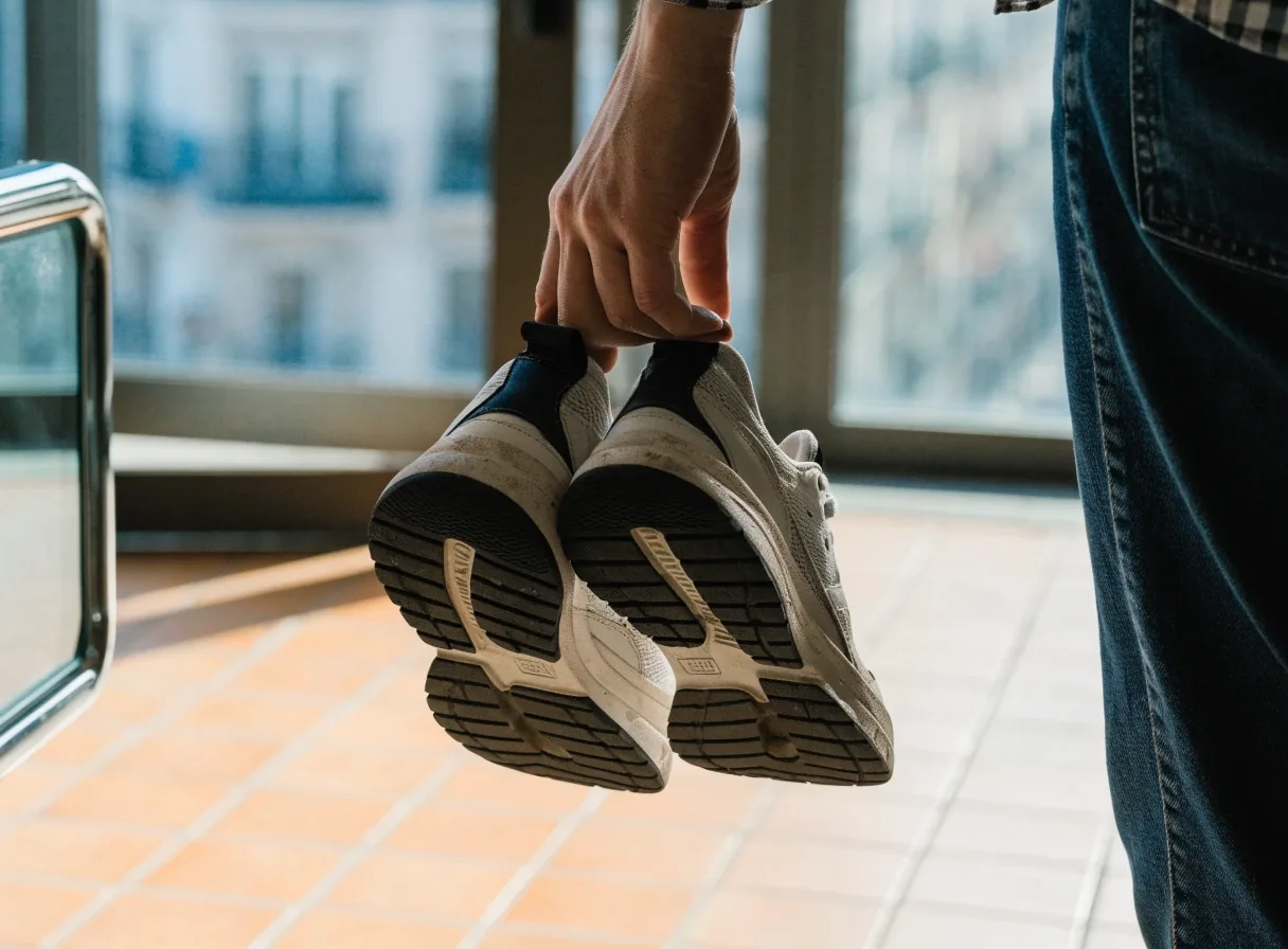 Zapatillas deportivas gastadas vistas de cerca sobre un suelo claro