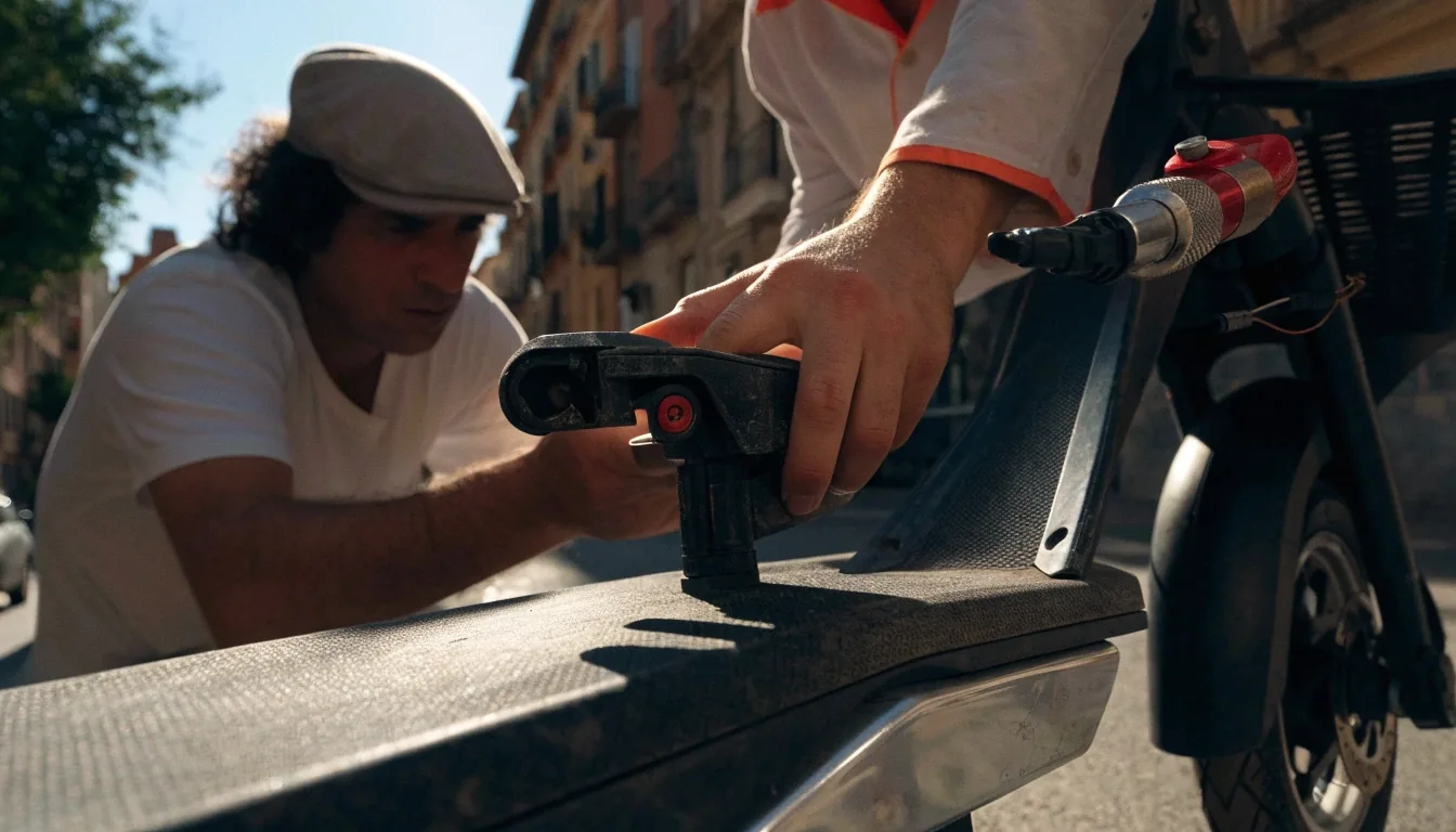 Manos revisando la plegabilidad y el freno de un patinete eléctrico usado en la calle