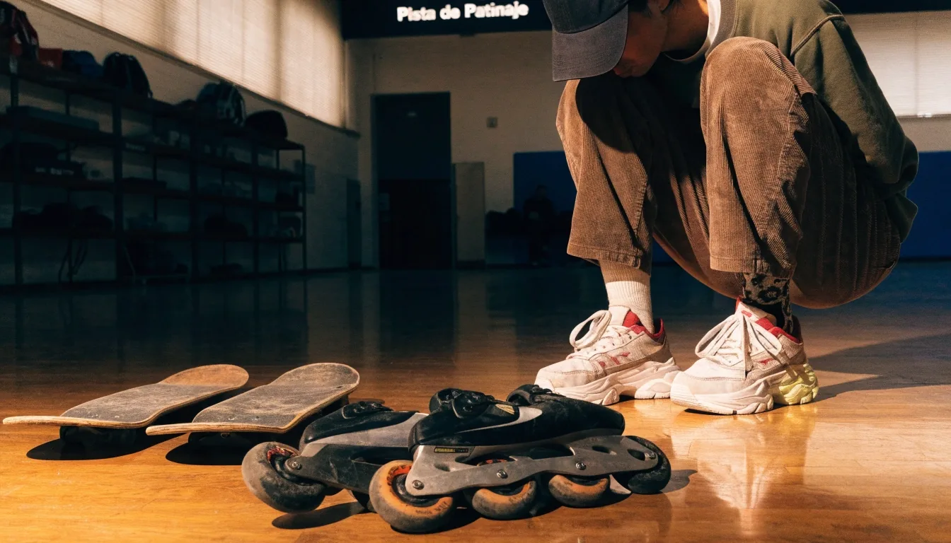 Patines en línea y monopatines usados alineados en el suelo de un pabellón deportivo