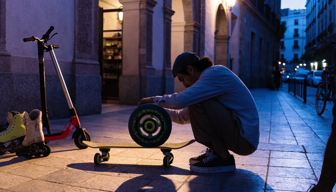 Patinete eléctrico plegado junto a unos patines en línea y un monopatín apoyados en una pared de azulejos por la noche