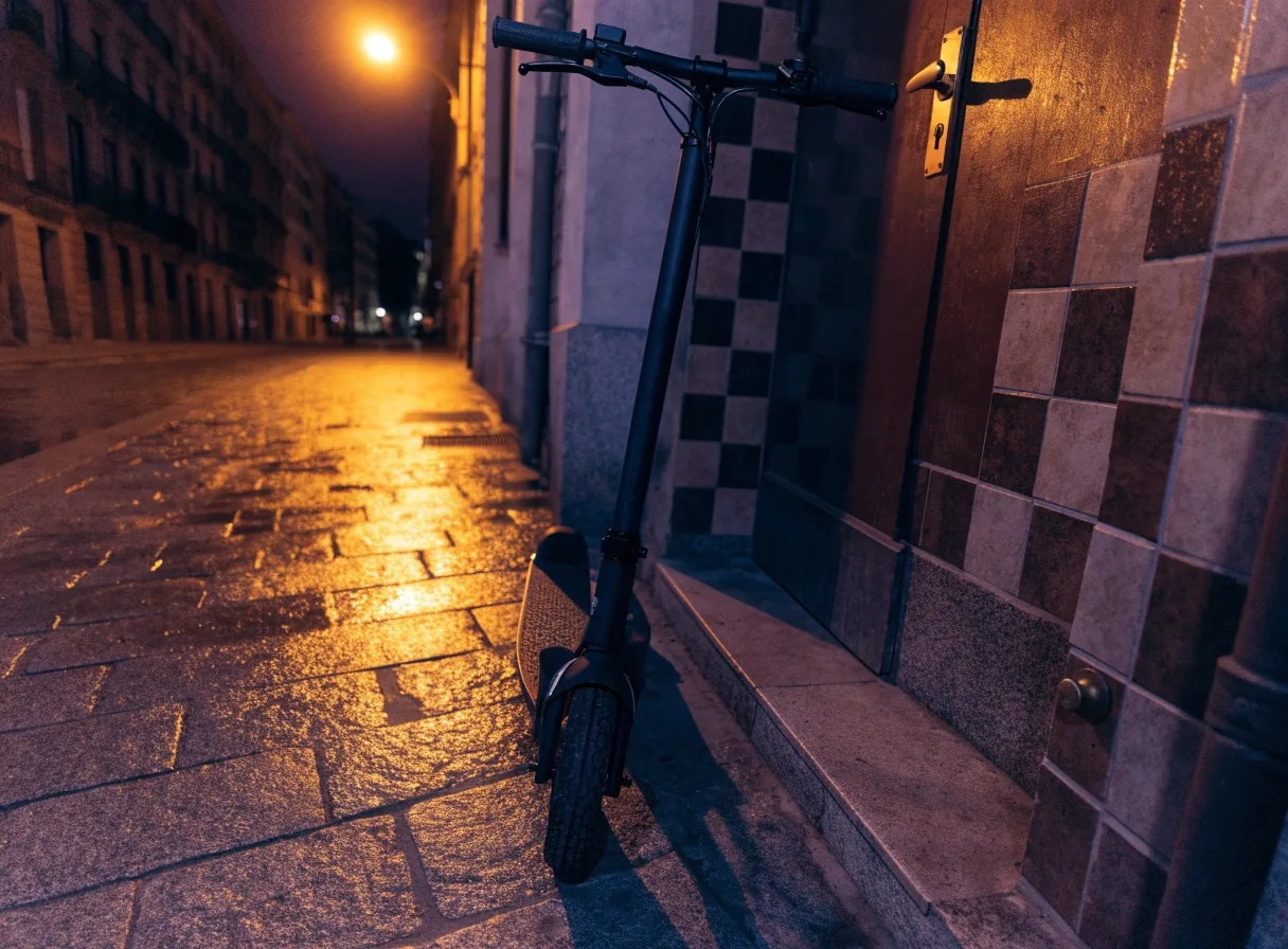 Patinete eléctrico plegable aparcado en una acera mojada por la noche, junto a un escalón de baldosas