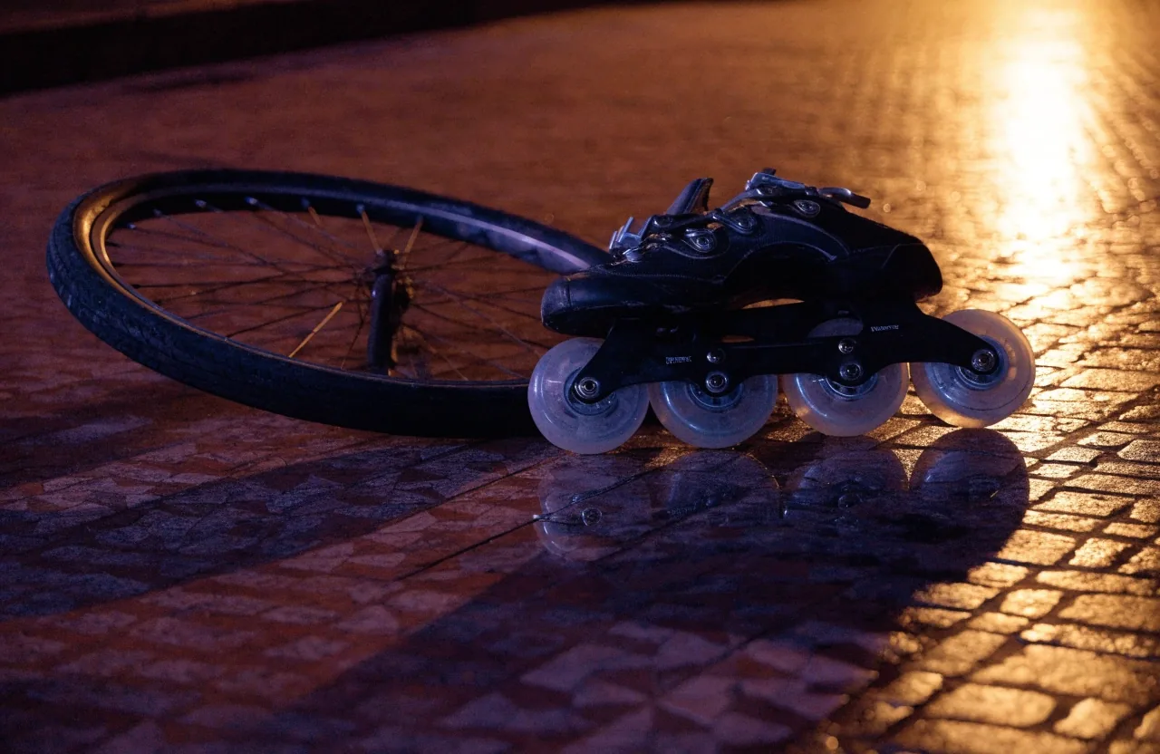 Un patín en línea usado junto a una rueda de bicicleta sobre suelo de baldosa mojada, iluminado por luz ámbar nocturna