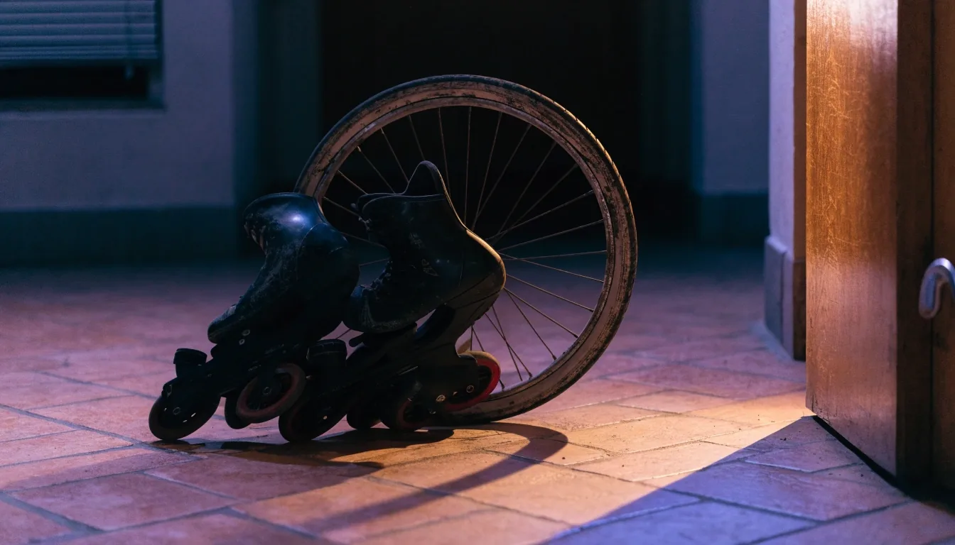Patín en línea y rueda de bicicleta de segunda mano sobre suelo de baldosa, fotografiados de noche