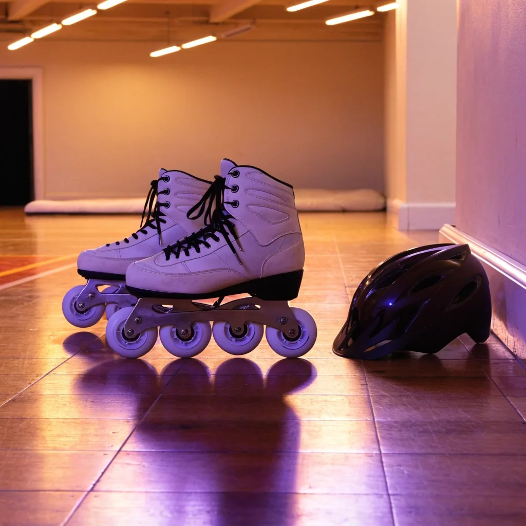 Patines en línea usados y casco de bicicleta sobre el suelo de un pabellón deportivo