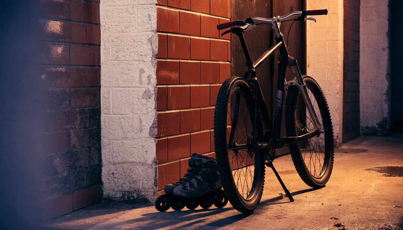Bicicleta y patines usados apoyados en una pared de azulejos en un garaje, iluminados por una luz ámbar